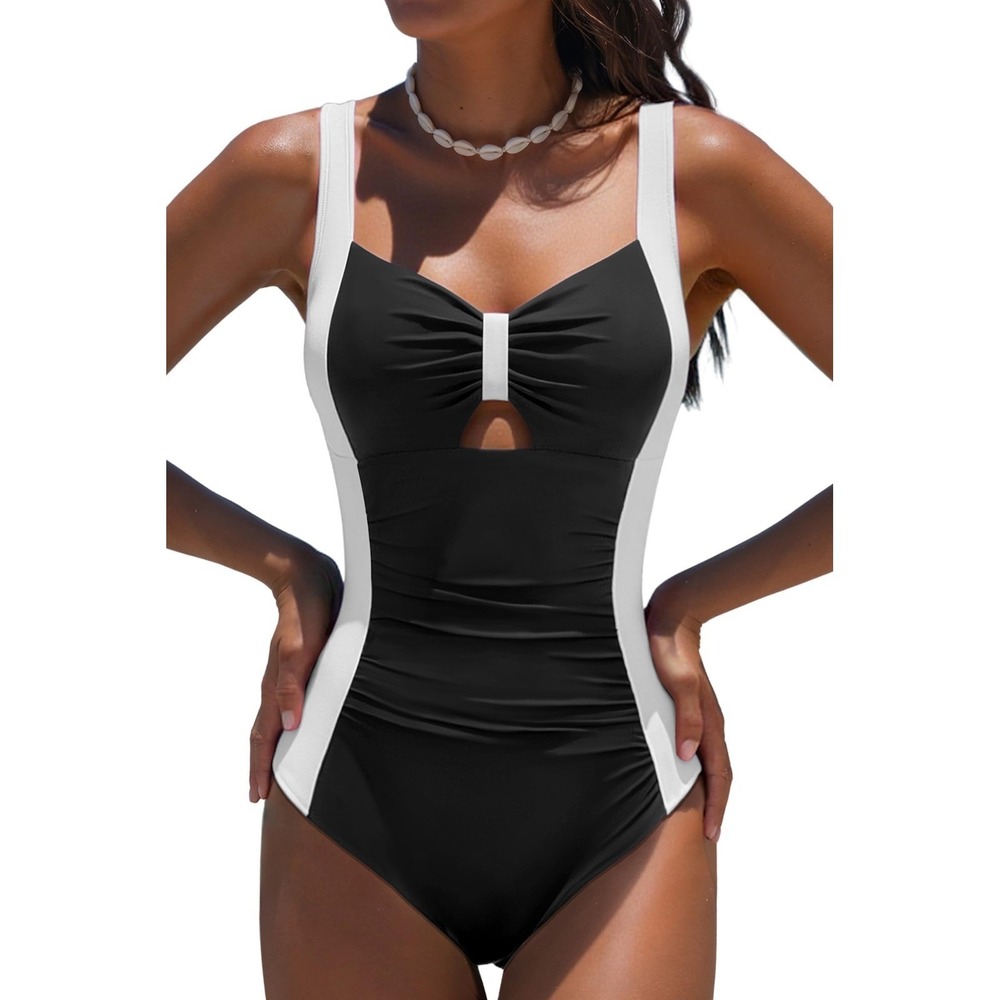 NWT Popvil Women One Piece Tummy Control Black White Ruched‎ Waist Swimsuit XL